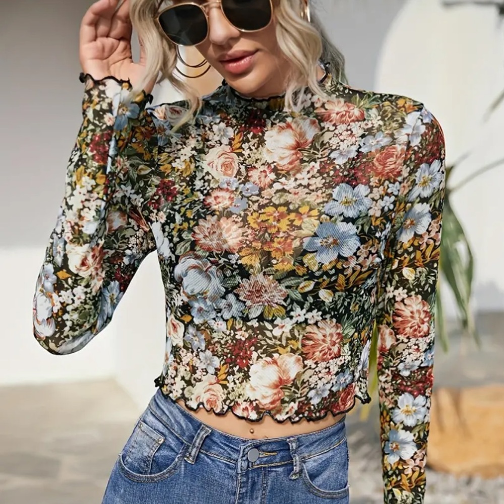 Floral LS Semi Sheer Mesh Top